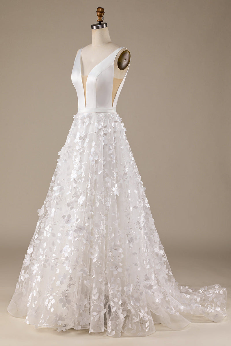 Afbeelding in Gallery-weergave laden, Ivoren A-lijn V-hals trouwjurk met 3D-bloemen