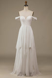 Ivoren Boho Chiffon Asymmetrische Trouwjurk met Kant
