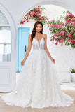 Charmante A Line Spaghetti Straps Abrikoos Lange Trouwjurk met Sweep Train