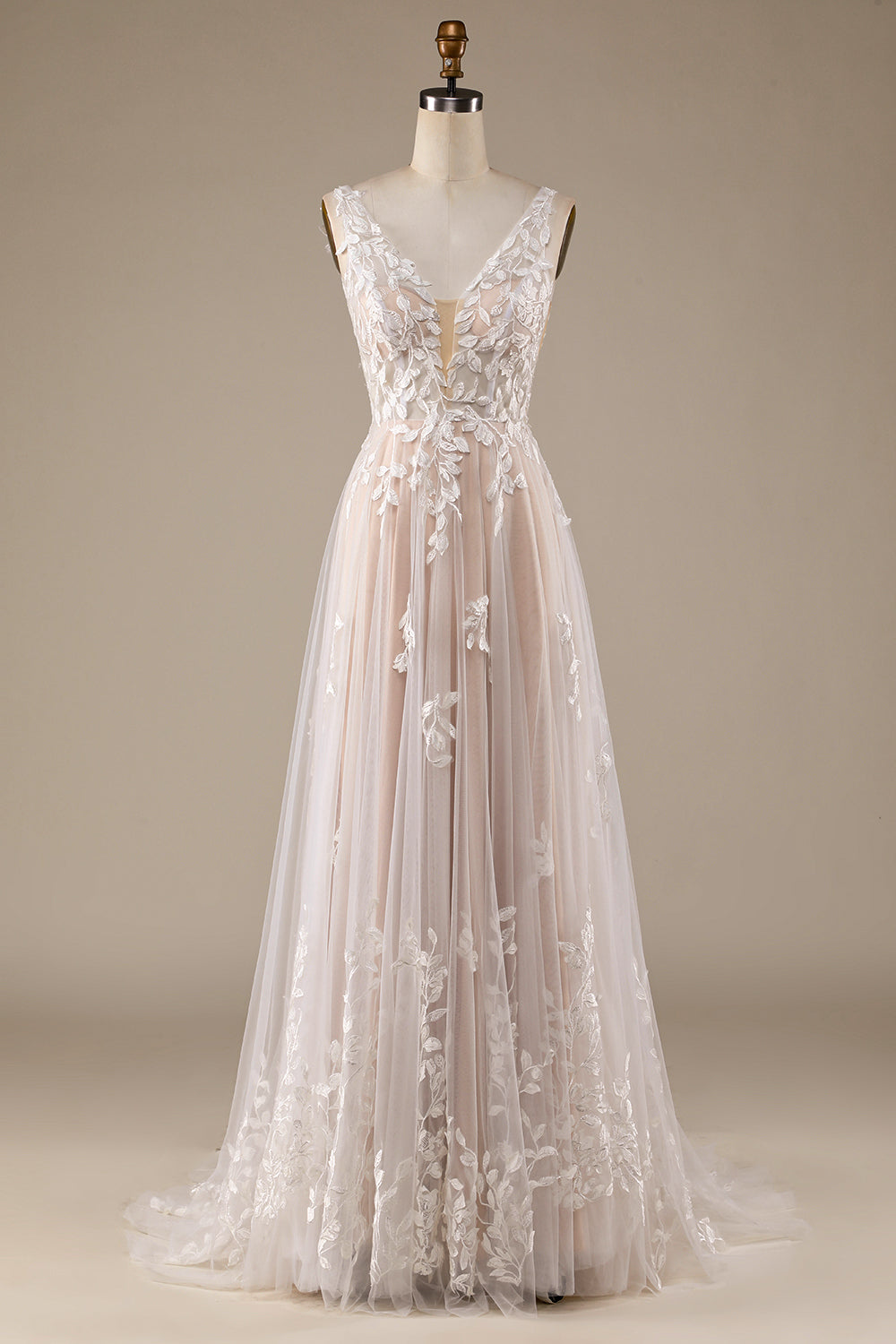 Champagne V-hals Backless Tule Trouwjurk met Kant