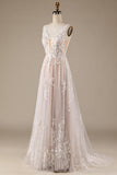 Champagne V-hals Backless Tule Trouwjurk met Kant