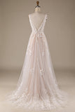 Champagne V-hals Backless Tule Trouwjurk met Kant