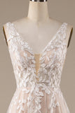 Champagne V-hals Backless Tule Trouwjurk met Kant