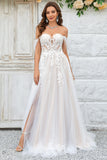 Beauty A Line Off the Shoulder Champagne Tule Afneembare Trouwjurk met Kant