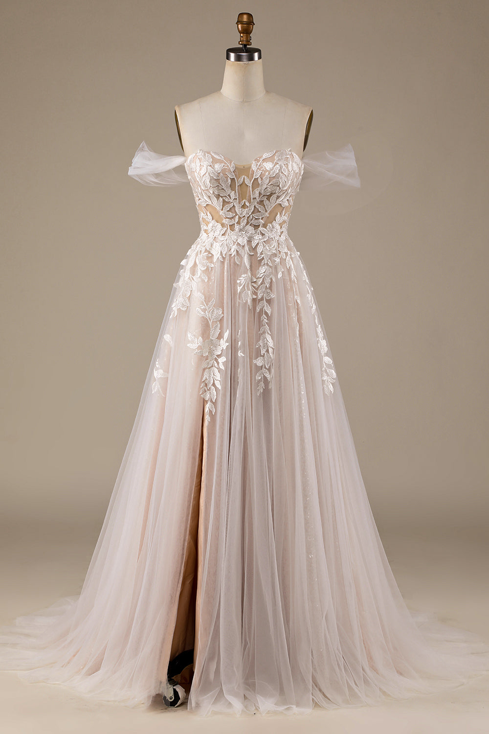 Champagne Tule Afneembare Off the Shoulder Trouwjurk met Kant