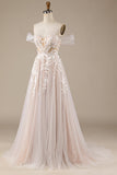 Champagne Tule Afneembare Off the Shoulder Trouwjurk met Kant
