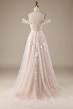 Champagne Tule Afneembare Off the Shoulder Trouwjurk met Kant