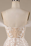 Champagne Tule Afneembare Off the Shoulder Trouwjurk met Kant