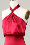 Zeemeermin Halter Mouwloze Bordeaux Bruidsmeisje Jurk