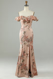 Bloem bedrukt van de Shoudler Blush lange bruidsmeisjesjurk met split