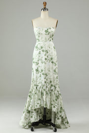 Asymmetrische Strapless Bedrukte Groene Lange Bruidsmeisje Jurk
