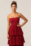 Charmante A Line Strapless Burgundy Lange Bruidsmeisjesjurk met Ruches