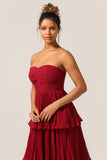 Charmante A Line Strapless Burgundy Lange Bruidsmeisjesjurk met Ruches