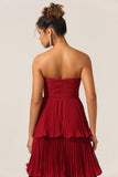 Charmante A Line Strapless Burgundy Lange Bruidsmeisjesjurk met Ruches