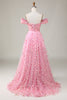 Afbeelding in Gallery-weergave laden, A-lijn Off The Shoulder Roze Lange Bruidsmeisjesjurk met 3D Bloemen