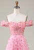 Afbeelding in Gallery-weergave laden, A-lijn Off The Shoulder Roze Lange Bruidsmeisjesjurk met 3D Bloemen