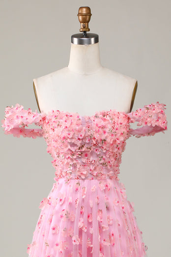 A-lijn Off The Shoulder Roze Lange Bruidsmeisjesjurk met 3D Bloemen