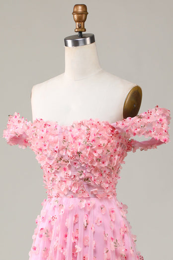 A-lijn Off The Shoulder Roze Lange Bruidsmeisjesjurk met 3D Bloemen