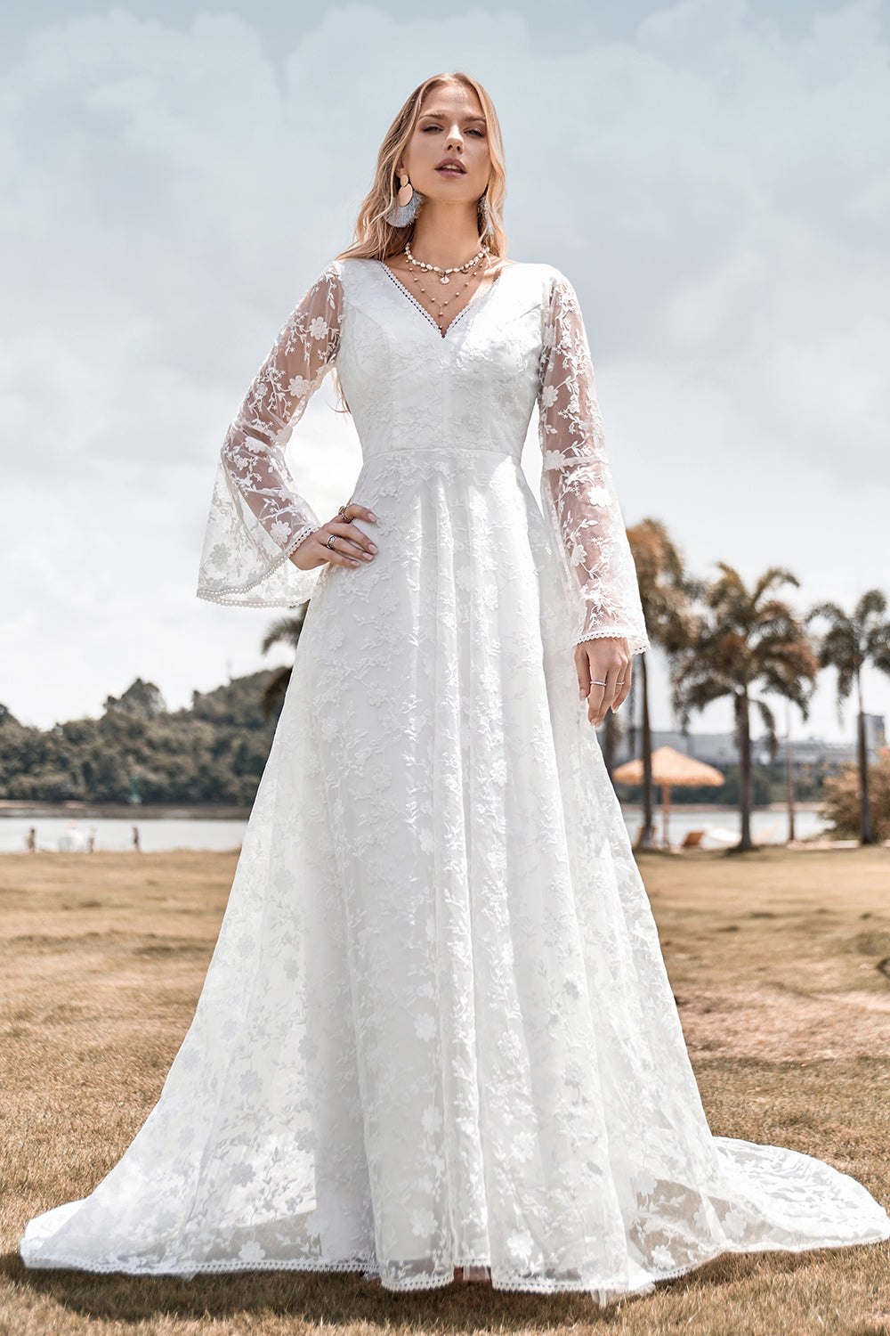 Beauty A Line V hals Ivoor Lace Flare Mouwen Trouwjurk