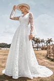 Beauty A Line V hals Ivoor Lace Flare Mouwen Trouwjurk