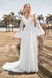 Beauty A Line V hals Ivoor Lace Flare Mouwen Trouwjurk