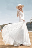 Beauty A Line V hals Ivoor Lace Flare Mouwen Trouwjurk