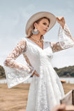Beauty A Line V hals Ivoor Lace Flare Mouwen Trouwjurk