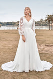 Een lijn V hals ivoor chiffon veeg trein Boho trouwjurk met kant