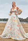 Charmante A Line Sweetheart Ivory Floral Sweep Train Bruidsjurk met mouwen