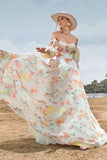 Charmante A Line Sweetheart Ivory Floral Sweep Train Bruidsjurk met mouwen