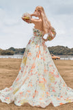 Charmante A Line Sweetheart Ivory Floral Sweep Train Bruidsjurk met mouwen