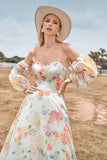 Charmante A Line Sweetheart Ivory Floral Sweep Train Bruidsjurk met mouwen