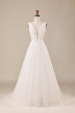 Elegante A Line V hals ivoor afneembare Watteau Trein Tule Trouwjurk