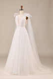 Elegante A Line V hals ivoor afneembare Watteau Trein Tule Trouwjurk