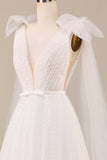 Elegante A Line V hals ivoor afneembare Watteau Trein Tule Trouwjurk