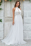 Ivoor Open Back Tulle Sweep Train Trouwjurk met Kant