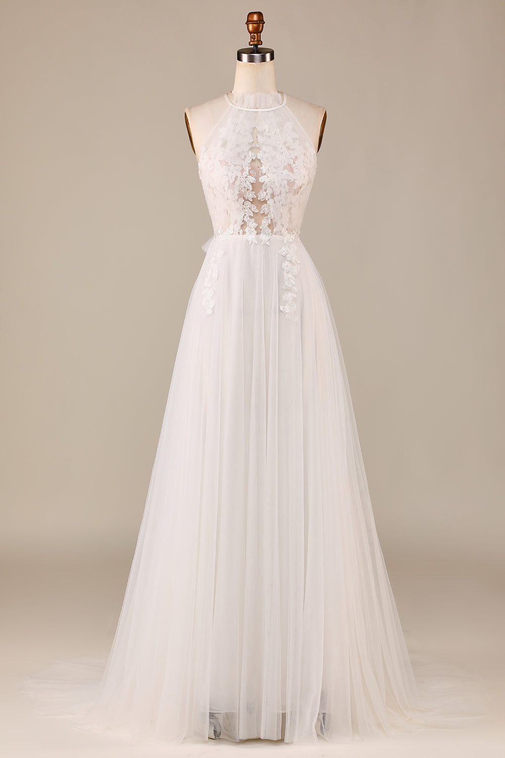 Charmante A Line Halter Halter Ivory Open Back Tulle Sweep Train Trouwjurk met Kant
