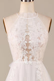 Charmante A Line Halter Halter Ivory Open Back Tulle Sweep Train Trouwjurk met Kant