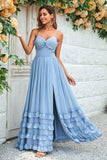 Charmante A Line Spaghetti Straps Dusty Blue Long Bridesmaid Jurk met Criss Cross Back