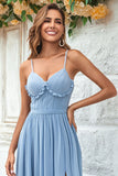 Charmante A Line Spaghetti Straps Dusty Blue Long Bridesmaid Jurk met Criss Cross Back