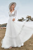 Kant Lange Mouwen Diepe V-hals Boho Trouwjurk met Backless