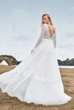 Kant Lange Mouwen Diepe V-hals Boho Trouwjurk met Backless