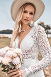 Kant Lange Mouwen Diepe V-hals Boho Trouwjurk met Backless