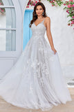 Tule Backless Ivory Long A Line Trouwjurk met Borduurwerk