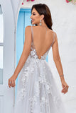 Tule Backless Ivory Long A Line Trouwjurk met Borduurwerk