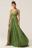 Elegante A Line Olive Deep V-hals mouwloze lange bruidsmeisjesjurk