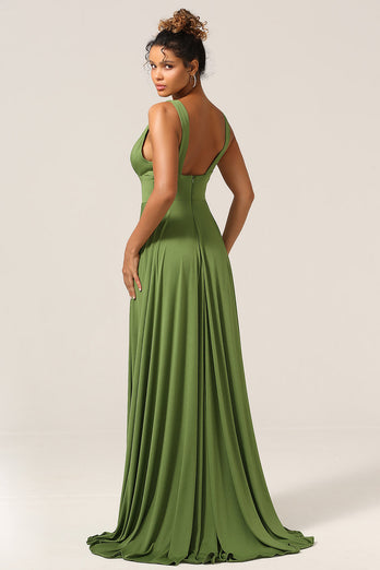 Elegante A Line Olive Deep V-hals mouwloze lange bruidsmeisjesjurk