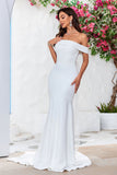Off the Shoulder Satijn Eenvoudige Zeemeermin Trouwjurk
