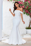 Off the Shoulder Satijn Eenvoudige Zeemeermin Trouwjurk