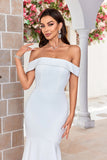 Off the Shoulder Satijn Eenvoudige Zeemeermin Trouwjurk